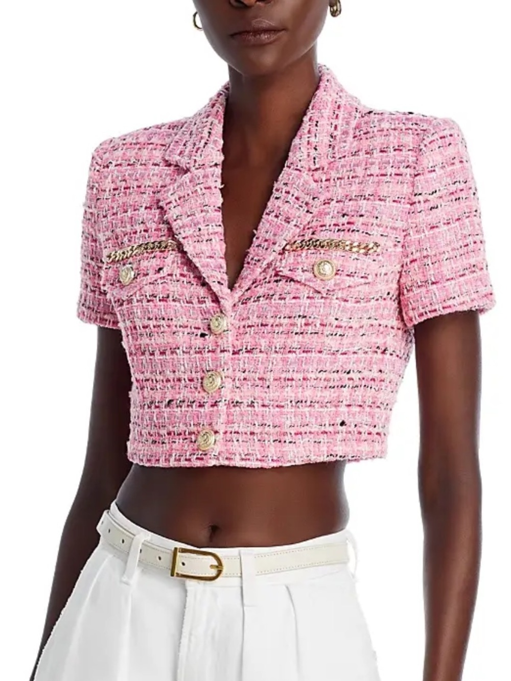 Generation Love Pink Bouclé Short Sleeve Jacket with Gold Trim